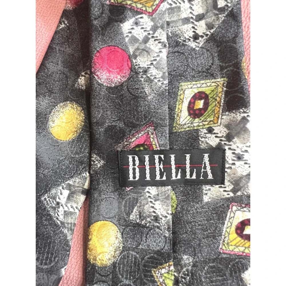 Biella Mens Silk Necktie Gray Abstract Geometric Circles Squares Made in USA